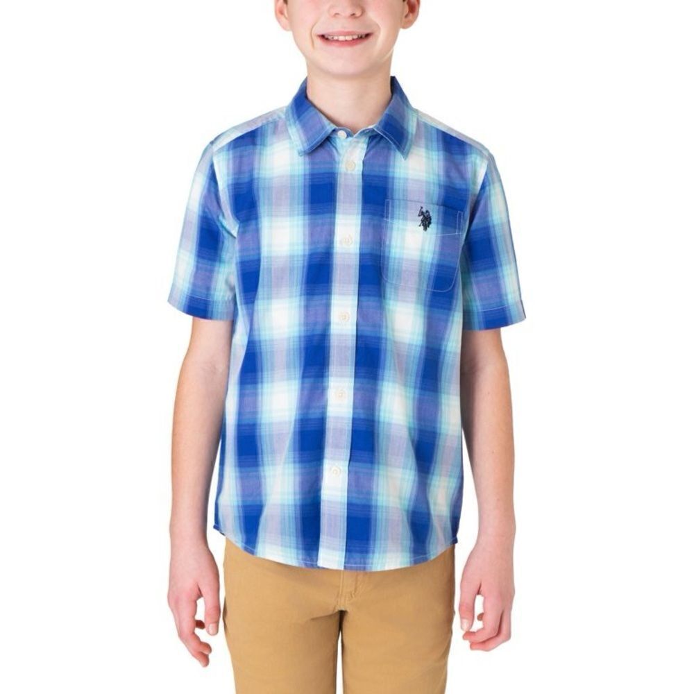 U.S.Polo Assn. Boys Woven Buyyon Down Shirt - Blue Raft Plaid - Size XL (14-16)